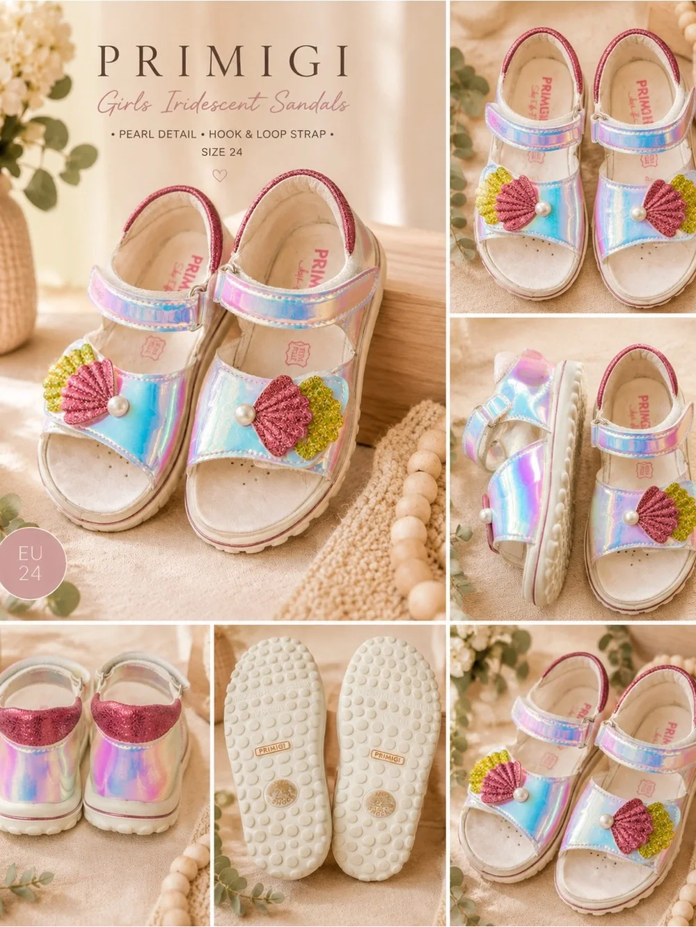 Primigi Girls Iridescent Rainbow Glitter Sandals Pearl Shell Detail EU 24 size 8